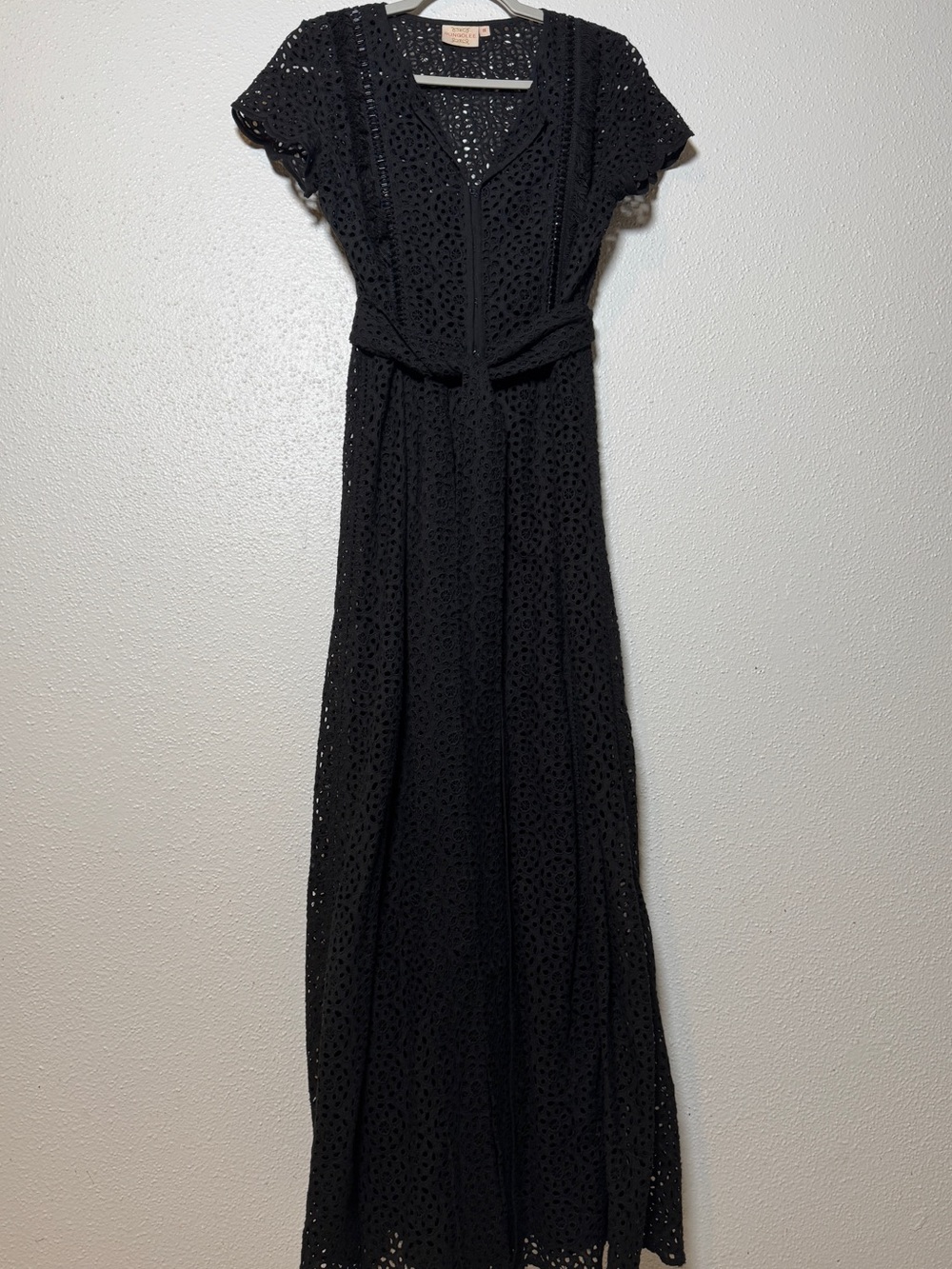 Rungolee Size Small Black Eyelet Beaded Maxi Dress with Tie Waist And Slip